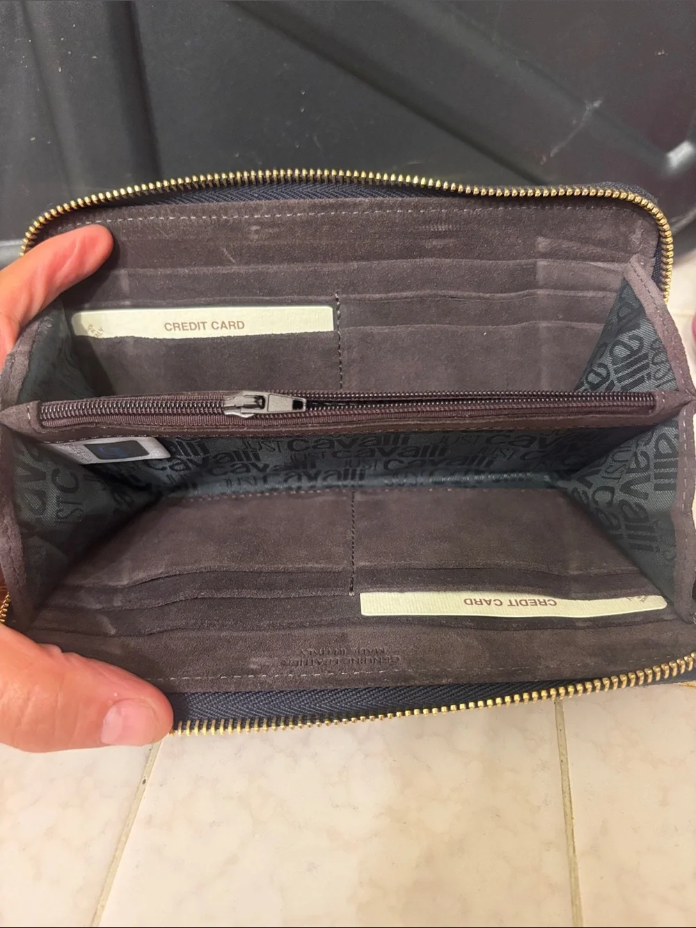 Just Cavalli Leopard-Print Zip Wallet in Beige and Gray